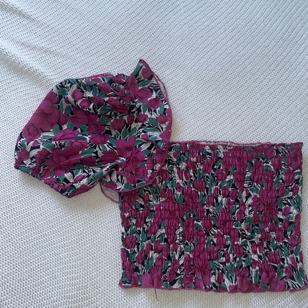 SHEIN one shoulder purple and green floral ribbed crop top